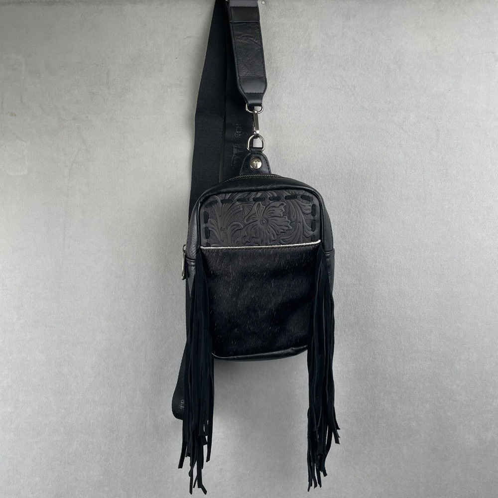 Trinity Ranch Black Leather Fringe Sling Bag Floral Embossed Hair Hide Crossbody